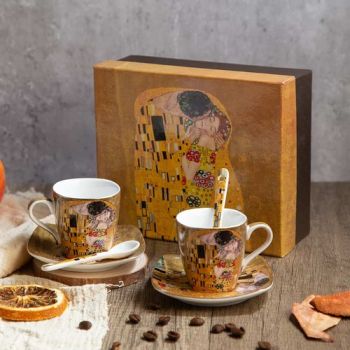 СЕРВИЗ ЗА КЪСО ЕСПРЕСО ОТ 2 ЧАШИ,2 ЧИНИЙКИ,2 ЛЪЖИЧКИ - ЦЕЛУВКАТА НА ГУСТАВ КЛИМТ