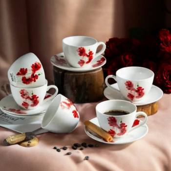СЕРВИЗ ЗА КАФЕ/ЧАЙ ОТ 6 ЧАШИ И 6 ЧИНИЙКИ - ЧЕРВЕНИ МАКОВЕ