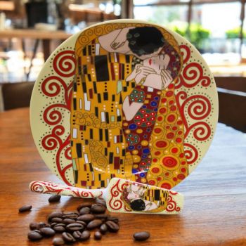 КОМПЛЕКТ ОТ 2 ЧАСТИ ЗА ТОРТА - ЦЕЛУВКАТА НА ГУСТАВ КЛИМТ / червена орнаментика /