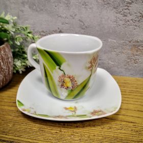 СЕРВИЗ ЗА КАФЕ И ЧАЙ  ОТ  6 ЧАШИ И 6 ЧИНИЙКИ - ЗЕЛЕНА ОРХИДЕЯ