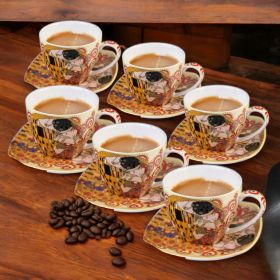 СЕРВИЗ ЗА КАФЕ - ЧАЙ /6 чаши + 6 чинии / -ЦЕЛУВКАТА НА ГУСТАВ КЛИМТ / червена орнаментика /