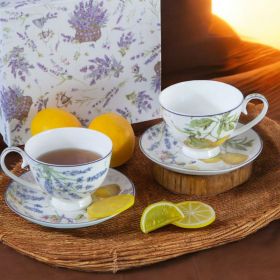 КОМПЛЕКТ ЗА КАФЕ - ЧАЙ  ЗА ДВАМА / 2 чаши и 2 чинийки / - С ДЪХ НА ЛИМОНИ И ЛАВАНДУЛА 