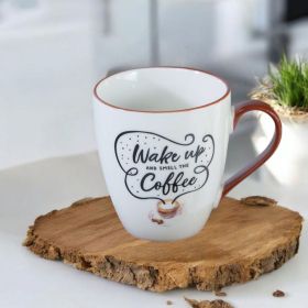 ПОРЦЕЛАНОВА ЧАША С НАДПИС - СЪБУДИ СЕ С УХАНИЕТО НА КАФЕ